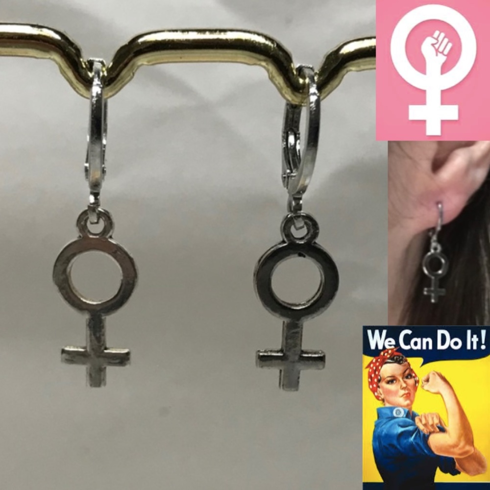 Female Empowerment Silver Hoop Handmade Earrings, Feminist Female Gender Symbols